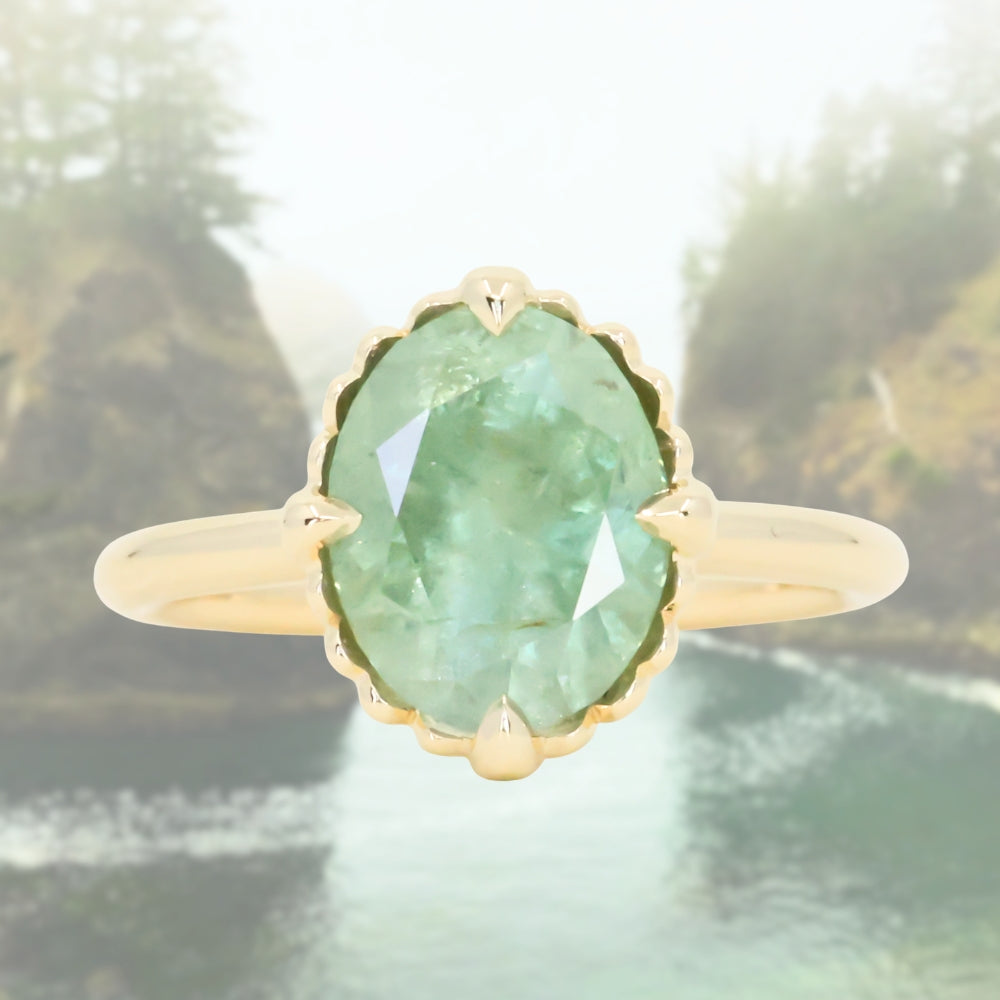 3.93ct Untreated Oval Seafoam Montana Sapphire Scallop Cup Solitaire in 14k Yellow Gold