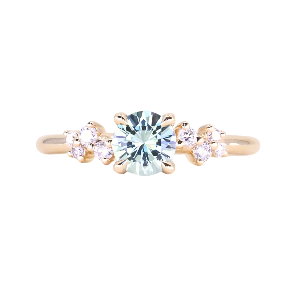 0.75ct Round Untreated Silvery Grey Montana Sapphire and Diamond Starry Night Low Profile Solitaire in 14k Yellow Gold