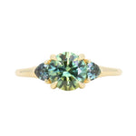 1.50ct Round Parti Yellow Blue Precision Cut Montana Sapphire and Trillion Sapphire Low Profile Three Stone Ring in 18k Yellow Gold