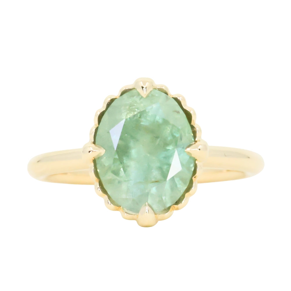 3.93ct Untreated Oval Seafoam Montana Sapphire Scallop Cup Solitaire in 14k Yellow Gold