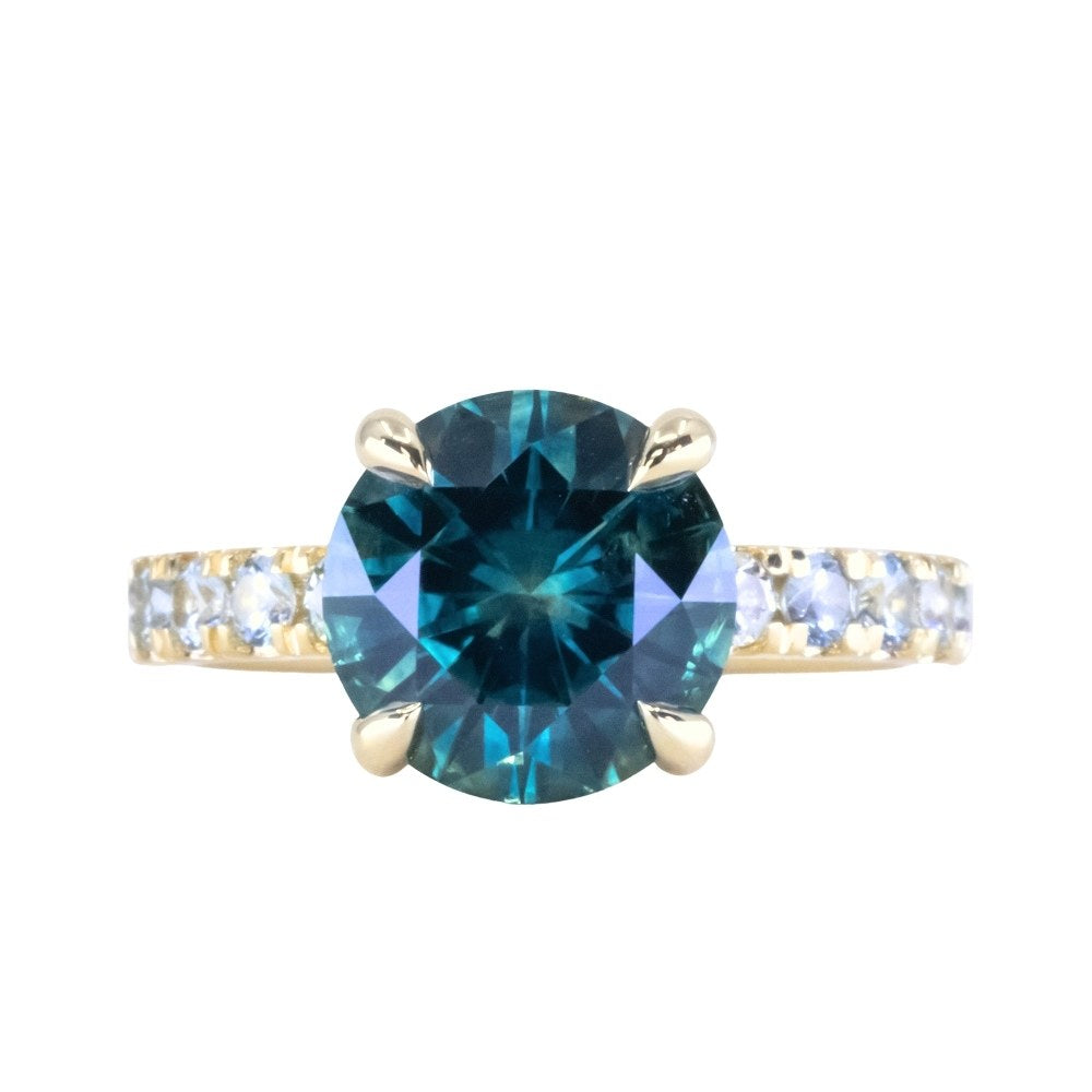 3.84ct Round Ocean Blue Teal Montana Sapphire Low Profile 4 Prong Ring with French Set Precision Cut White Montana Sapphires in 18k Yellow Gold