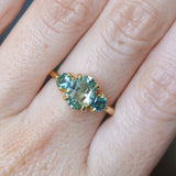1.74ct Unheated Oval Montana Sapphire and Madagascar Sapphire Low Profile Three Stone Ring in 18k Yellow Gold