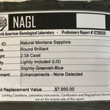 2.38CT ROUND PRECISION CUT MONTANA SAPPHIRE, MEDIUM BLUE, UNTREATED, 7.69X5.31MM - APPRAISED STONE
