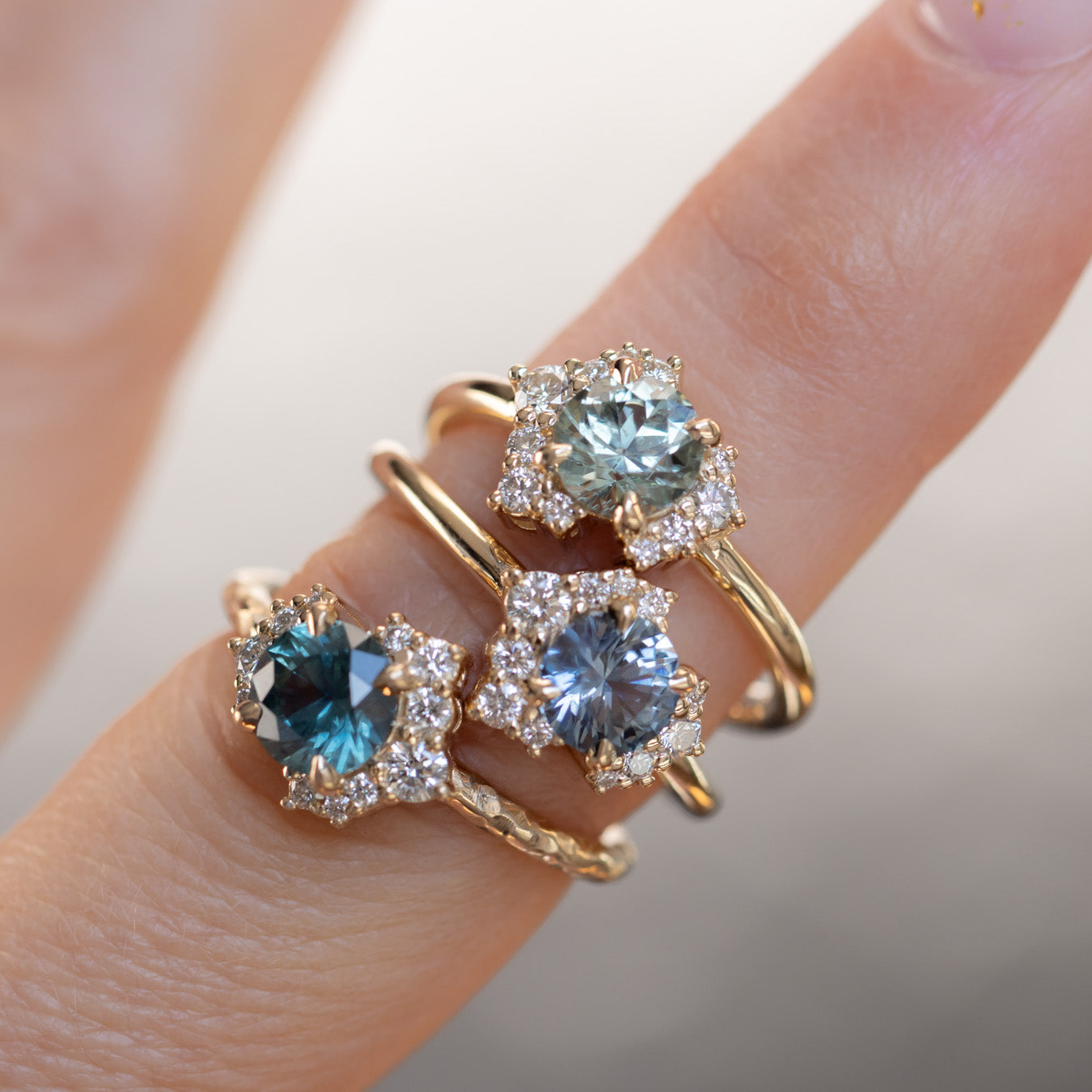 1.01ct Round Green Montana Sapphire and Diamond Asymmetrical Cluster Ring in 14k Yellow Gold