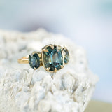 3.22ct Elongated Cushion Cut Montana Sapphire Three Stone Ring in 18k Yellow Gold