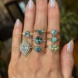 2.07ct Untreated Fantasy Cut Montana Sapphire and Diamond  Antique Milgrain Three Stone Low Profile Ring in 14k Yellow Gold