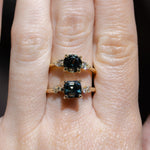 1.65ct Round Untreated Precision Cut Montana Sapphire and Natural Pear Diamond Three Stone Low Profile Ring in 18k Yellow Gold