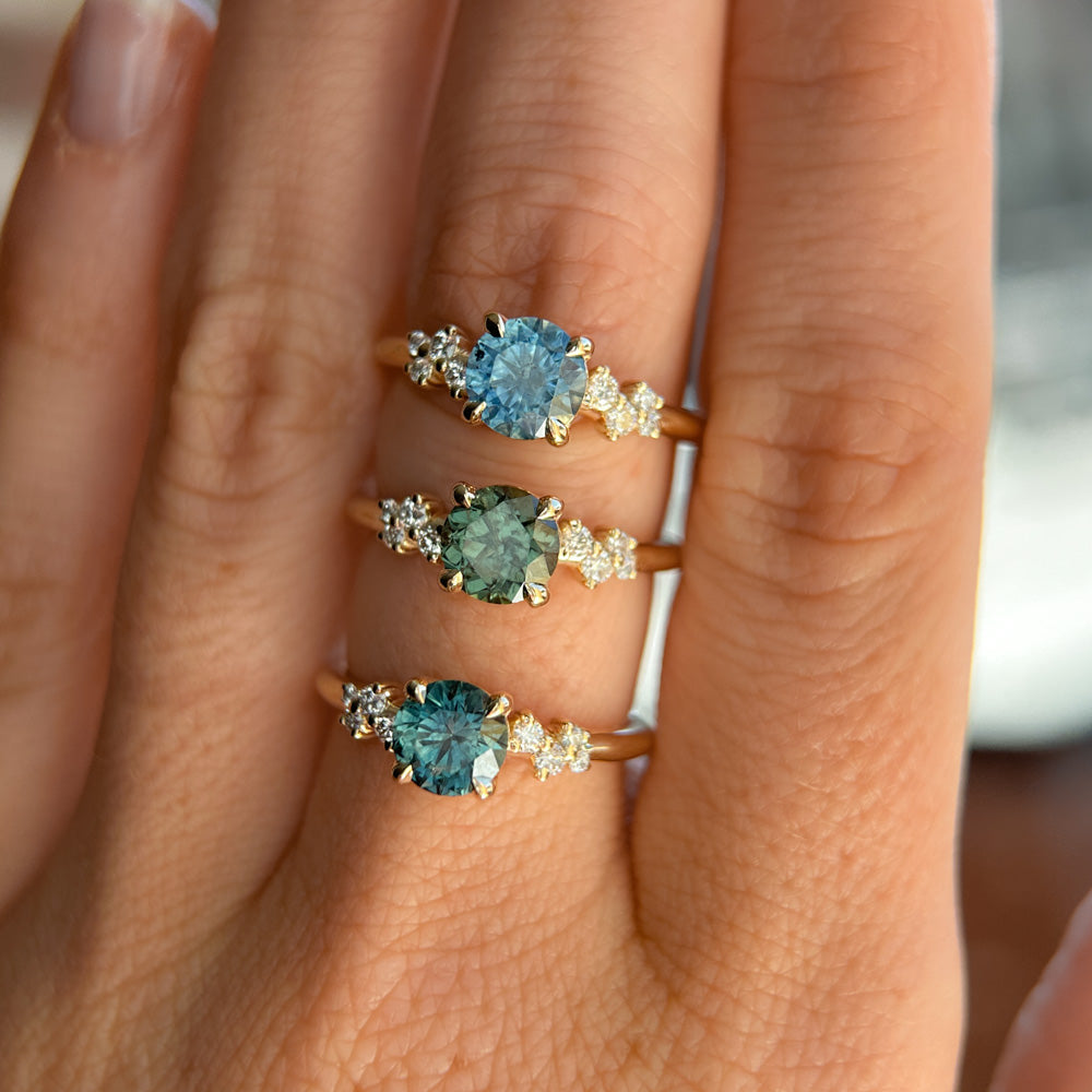1.23ct Round Green Tanzanian Sapphire and Diamond Starry Night Low Profile Solitaire in 14k Yellow Gold