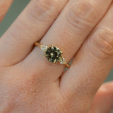 1.65ct Round Untreated Precision Cut Montana Sapphire and Natural Pear Diamond Three Stone Low Profile Ring in 18k Yellow Gold