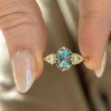 2.07ct Untreated Fantasy Cut Montana Sapphire and Diamond  Antique Milgrain Three Stone Low Profile Ring in 14k Yellow Gold