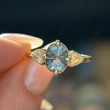 2.07ct Untreated Fantasy Cut Montana Sapphire and Diamond  Antique Milgrain Three Stone Low Profile Ring in 14k Yellow Gold