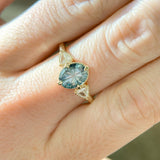 2.07ct Untreated Fantasy Cut Montana Sapphire and Diamond  Antique Milgrain Three Stone Low Profile Ring in 14k Yellow Gold
