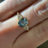 2.07ct Untreated Fantasy Cut Montana Sapphire and Diamond  Antique Milgrain Three Stone Low Profile Ring in 14k Yellow Gold