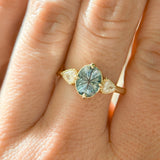 2.07ct Untreated Fantasy Cut Montana Sapphire and Diamond  Antique Milgrain Three Stone Low Profile Ring in 14k Yellow Gold