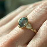 2.07ct Untreated Fantasy Cut Montana Sapphire and Diamond  Antique Milgrain Three Stone Low Profile Ring in 14k Yellow Gold