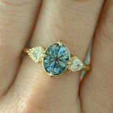 2.07ct Untreated Fantasy Cut Montana Sapphire and Diamond  Antique Milgrain Three Stone Low Profile Ring in 14k Yellow Gold