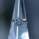 1.40ct Fantasy Carved Untreated Montana Sapphire and Antiqued Diamond Halo ring in 14k Yellow Gold