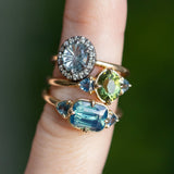 1.40ct Fantasy Carved Untreated Montana Sapphire and Antiqued Diamond Halo ring in 14k Yellow Gold