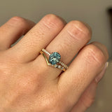 1.94ct Precision Cut Teal Oval Montana Sapphire Lotus Six Prong Solitaire with Diamonds in 14k Yellow Gold