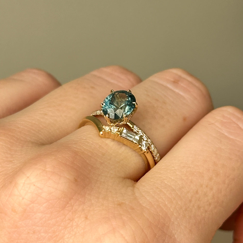 1.94ct Precision Cut Teal Oval Montana Sapphire Lotus Six Prong Solitaire with Diamonds in 14k Yellow Gold