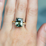 6.19ct Untreated Teal Radiant Cut Sapphire and Double Band 4 Prong Stackable Solitaire in 18k Yellow Gold