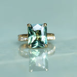 6.19ct Untreated Teal Radiant Cut Sapphire and Double Band 4 Prong Stackable Solitaire in 18k Yellow Gold