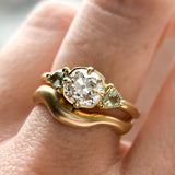 0.96ct Antique Old Mine Cut Diamond and Trillion Seafoam Montana Sapphire Antique Style Compass Set Low Profile Ring with Milgrain in 18k Yellow Gold