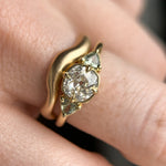 0.96ct Antique Old Mine Cut Diamond and Trillion Seafoam Montana Sapphire Antique Style Compass Set Low Profile Ring with Milgrain in 18k Yellow Gold