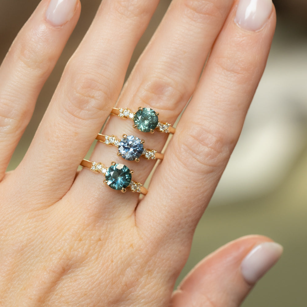 1.31ct Round Teal Blue Montana Sapphire and Diamond Starry Night Low Profile Solitaire in 14k Yellow Gold