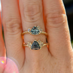 0.78ct Teal Montana Sapphire and Genuine Antique Diamond Mountainscape Ring in 14k Evergreen Carved Yellow Gold