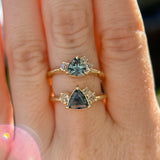 0.78ct Teal Montana Sapphire and Genuine Antique Diamond Mountainscape Ring in 14k Evergreen Carved Yellow Gold