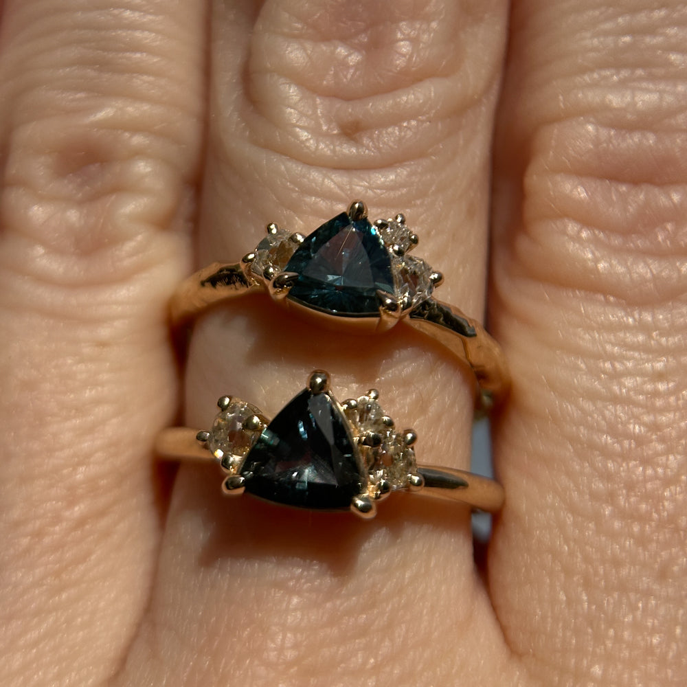 0.78ct Teal Montana Sapphire and Genuine Antique Diamond Mountainscape Ring in 14k Evergreen Carved Yellow Gold