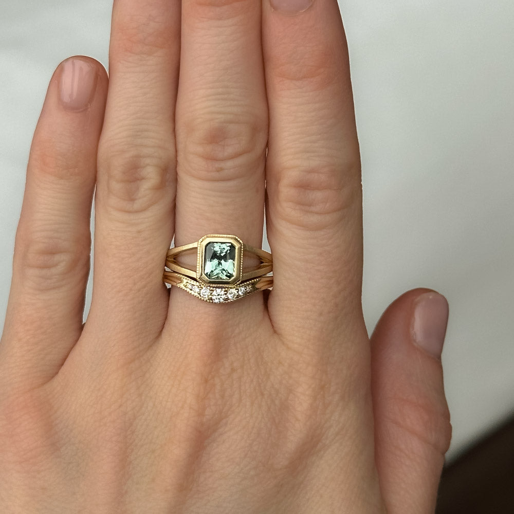 1.20ct Radiant Cut Seafoam Montana Sapphire Split Shank Bezel Ring with Milgrain in 14k Yellow Gold