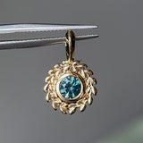 Round Precision Cut Montana Sapphire Vine Frame Bezel Set Pendants in 14k Yellow Gold
