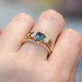 1.36ct Oval Montana Sapphire and Lab Diamond Three Stone Ring in 14K Yellow Gold with Evergreen Texture