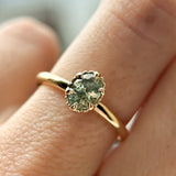 0.82ct Unheated Silky Light Seafoam Teal Montana Sapphire Scallop Cup Solitaire in 14k Yellow Gold