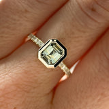 1.14ct Emerald Cut Parti Montana Sapphire Low Profile Bezel Solitaire Ring with French Set Diamonds in 14k Green Gold