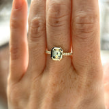 1.14ct Emerald Cut Parti Montana Sapphire Low Profile Bezel Solitaire Ring with French Set Diamonds in 14k Green Gold