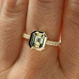 1.14ct Emerald Cut Parti Montana Sapphire Low Profile Bezel Solitaire Ring with French Set Diamonds in 14k Green Gold