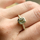 1.14ct Emerald Cut Parti Montana Sapphire Low Profile Bezel Solitaire Ring with French Set Diamonds in 14k Green Gold