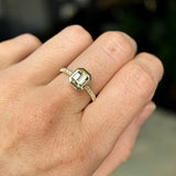 1.14ct Emerald Cut Parti Montana Sapphire Low Profile Bezel Solitaire Ring with French Set Diamonds in 14k Green Gold