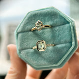 1.14ct Emerald Cut Parti Montana Sapphire Low Profile Bezel Solitaire Ring with French Set Diamonds in 14k Green Gold