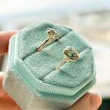 1.14ct Emerald Cut Parti Montana Sapphire Low Profile Bezel Solitaire Ring with French Set Diamonds in 14k Green Gold