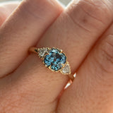 1.57ct Old Mine Cut Montana Sapphire and Diamond Antique Style Compass Set Low Profile Ring in 14k Yellow Gold