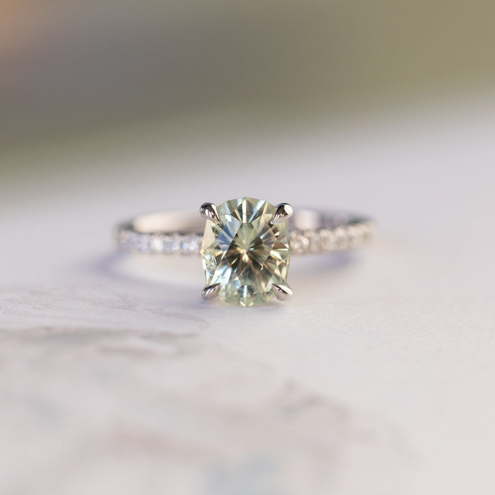 1.94ct Elongated Cushion Cut Light Green Montana Sapphire and French Set Diamond Solitaire in 14K White Gold