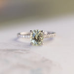 1.94ct Elongated Cushion Cut Light Green Montana Sapphire and French Set Diamond Solitaire in 14K White Gold