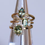 1.64ct Elongated Cushion Cut Green Montana Sapphire Antique-Style Diamond Halo Ring in 14k Green Gold