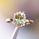 1.64ct Elongated Cushion Cut Green Montana Sapphire Antique-Style Diamond Halo Ring in 14k Green Gold