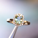 1.64ct Elongated Cushion Cut Green Montana Sapphire Antique-Style Diamond Halo Ring in 14k Green Gold