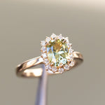 1.64ct Elongated Cushion Cut Green Montana Sapphire Antique-Style Diamond Halo Ring in 14k Green Gold